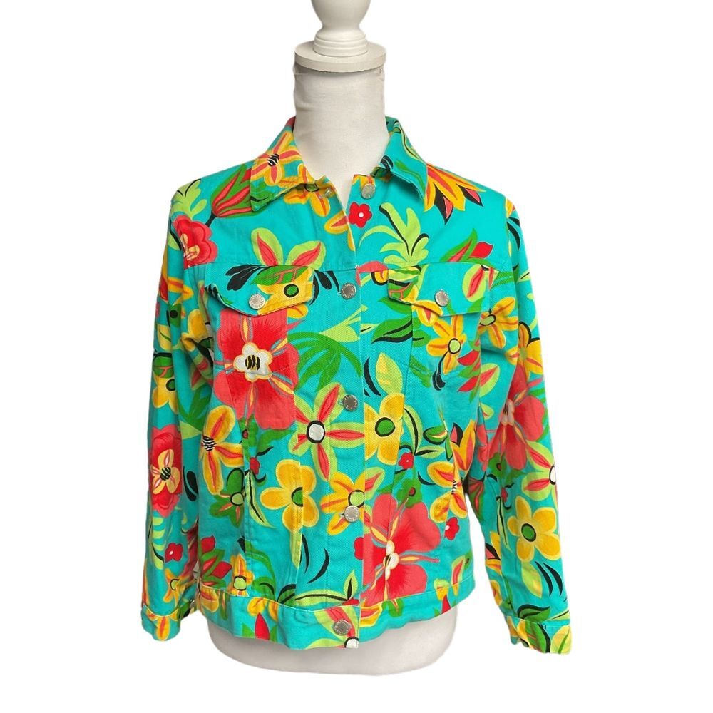 Vintage R & B Collection Floral Retro Denim Jacket Button Down Long Sleeve Small
